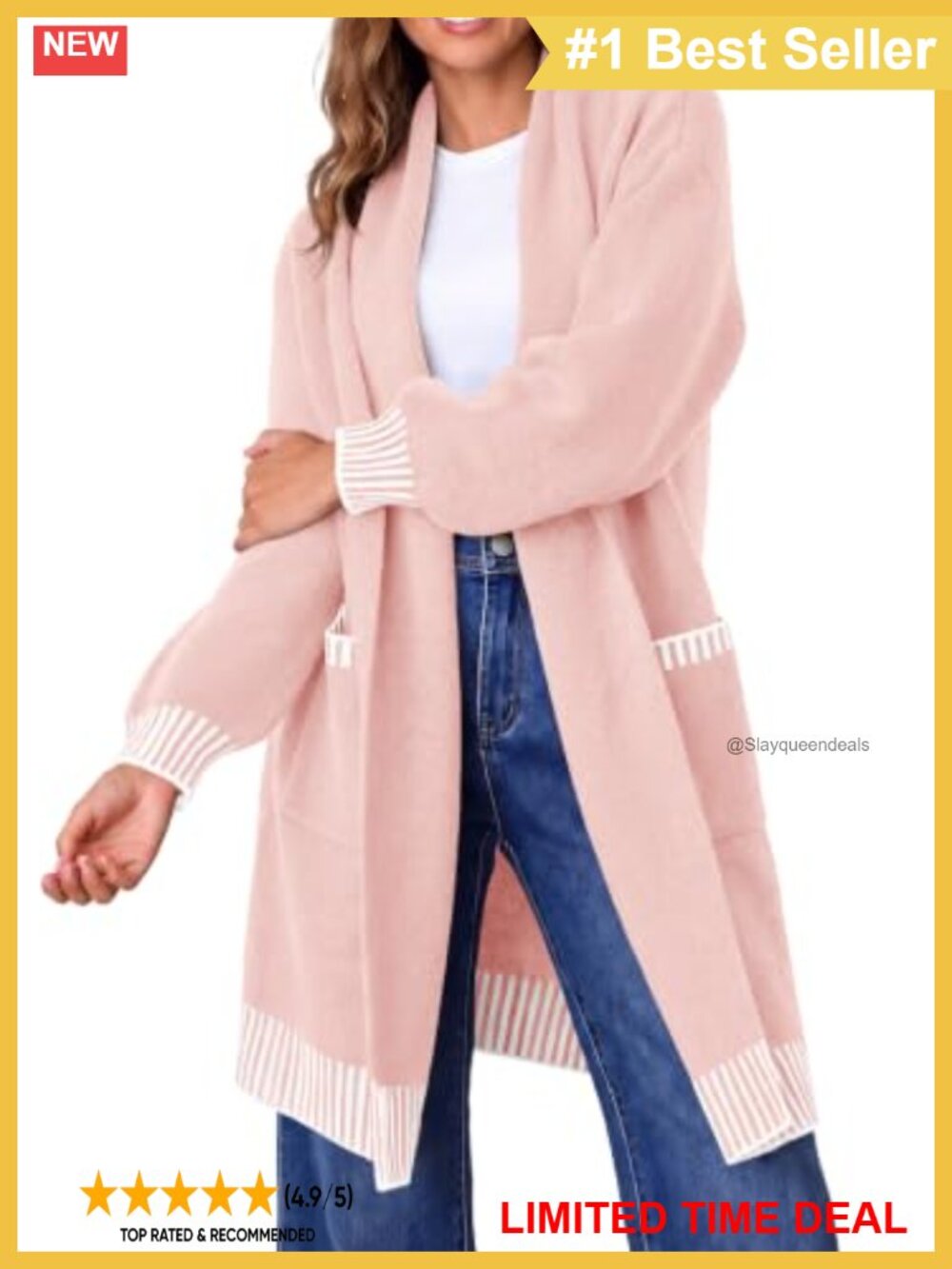 Oversized Open Front Striped Cardigan Sweater with Pockets